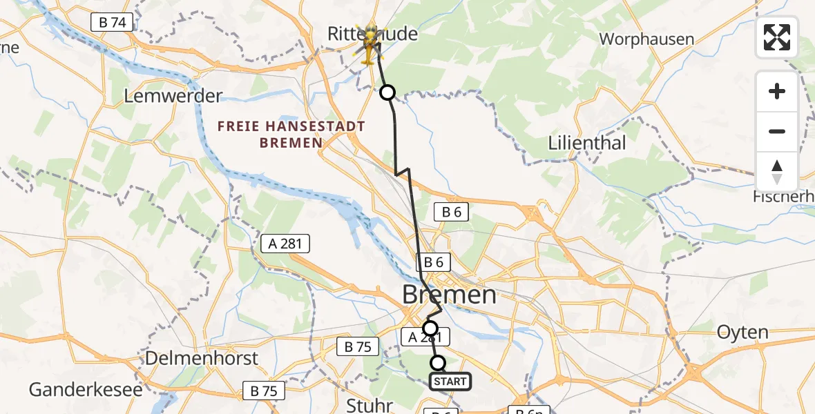 Flugroute Rettungshubschrauber Bremen - Ritterhude, 06 Juli 2026, 09:15