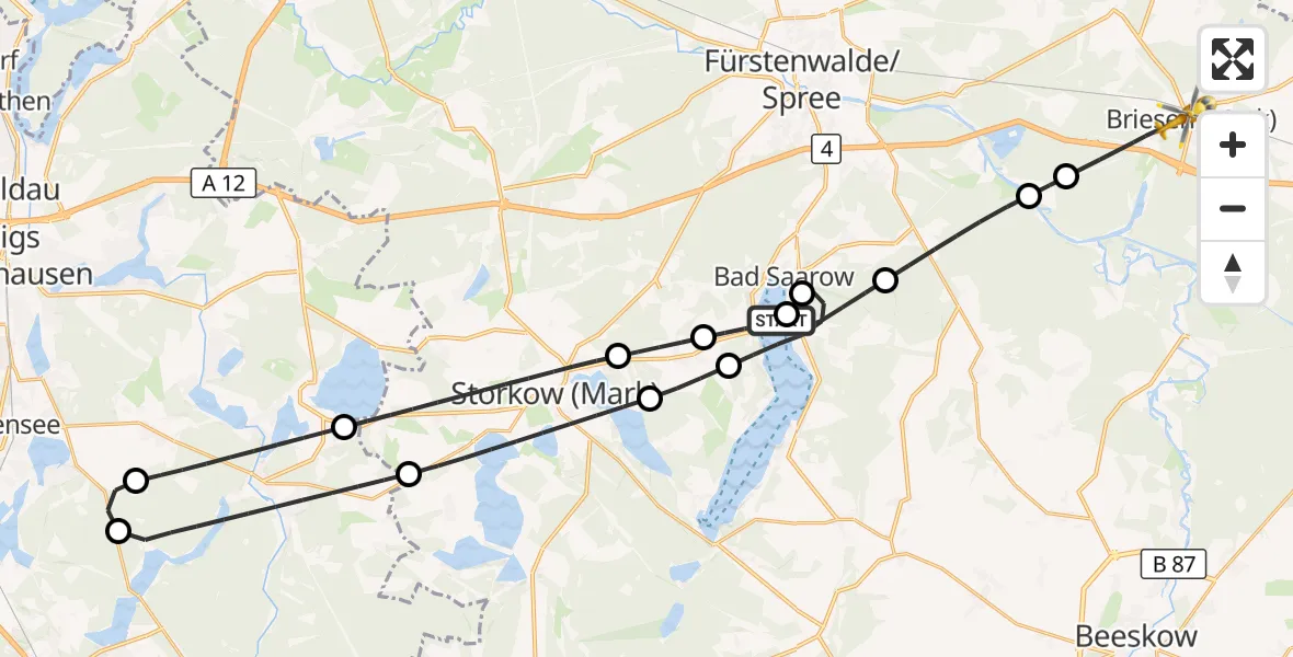Flugroute Rettungshubschrauber Bad Saarow - Briesen (Mark), 06 Juli 2026, 09:16