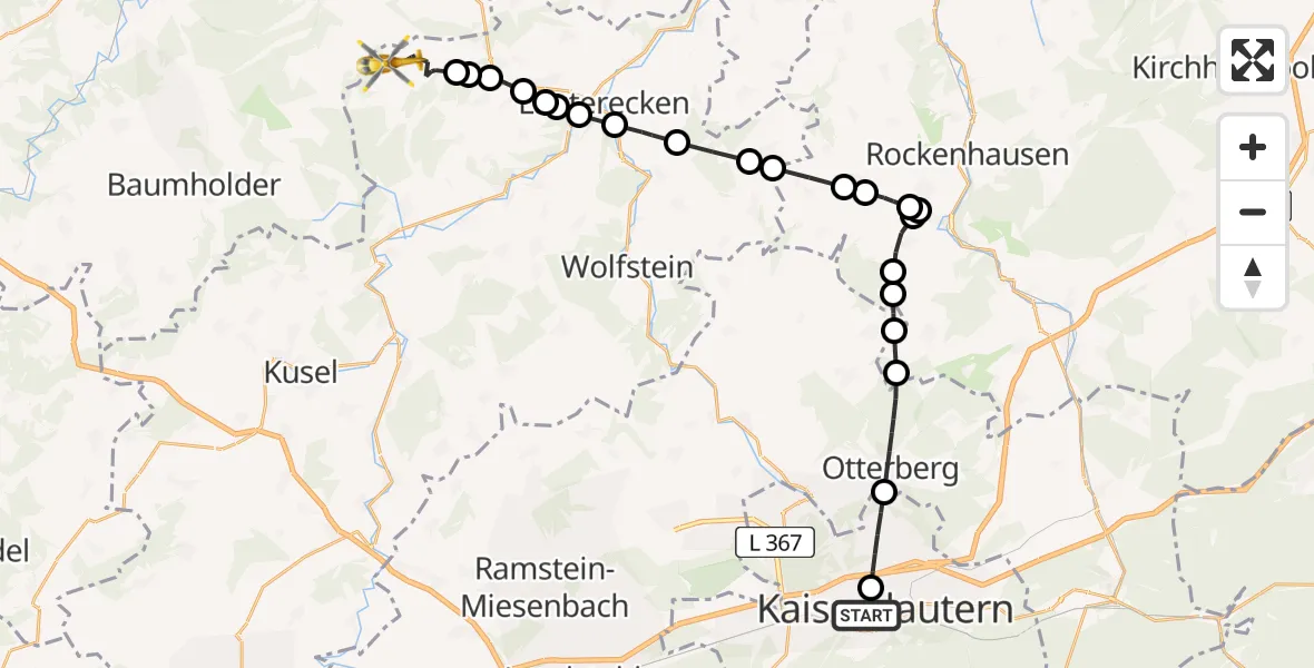 Flugroute Rettungshubschrauber Westpfalz Hospital Kaiserslautern - Unterjeckenbach, 06 Juli 2026, 09:18