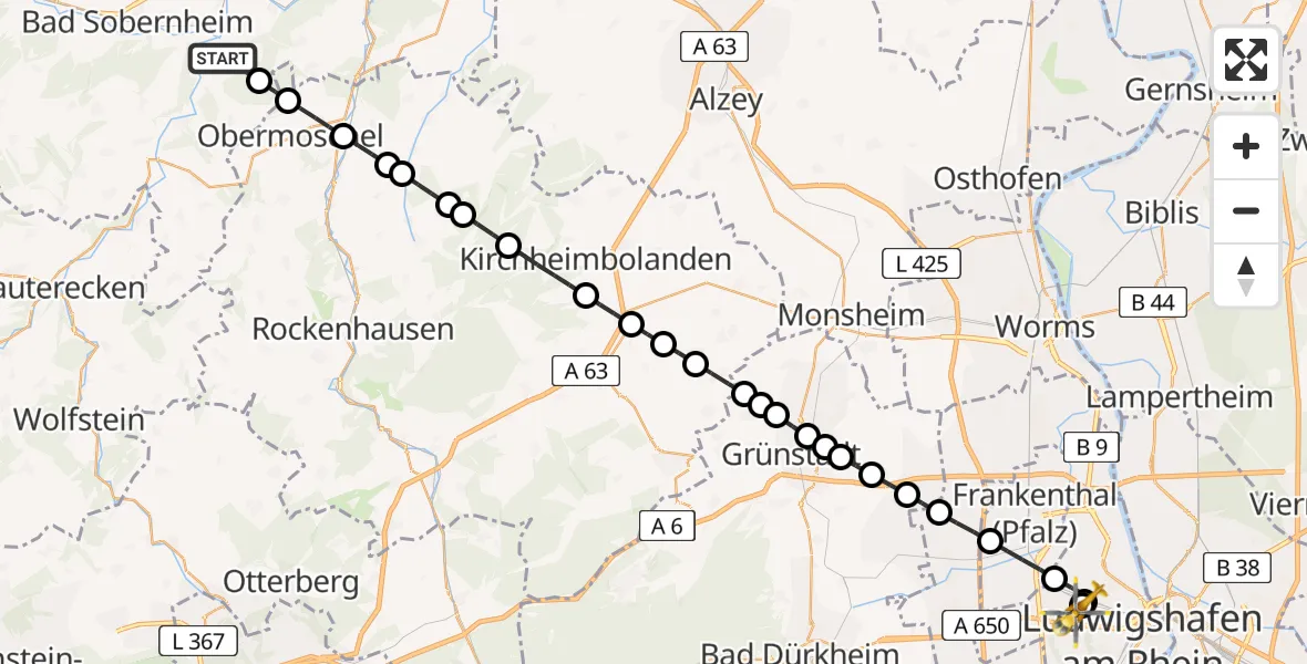 Flugroute Rettungshubschrauber Odernheim am Glan - Ludwigshafen Accident Hospital, 06 Juli 2026, 09:19
