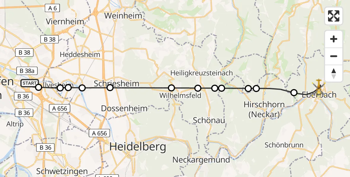 Flugroute Rettungshubschrauber Mannheim-City Flughafen - Eberbach, 06 Juli 2026, 09:20