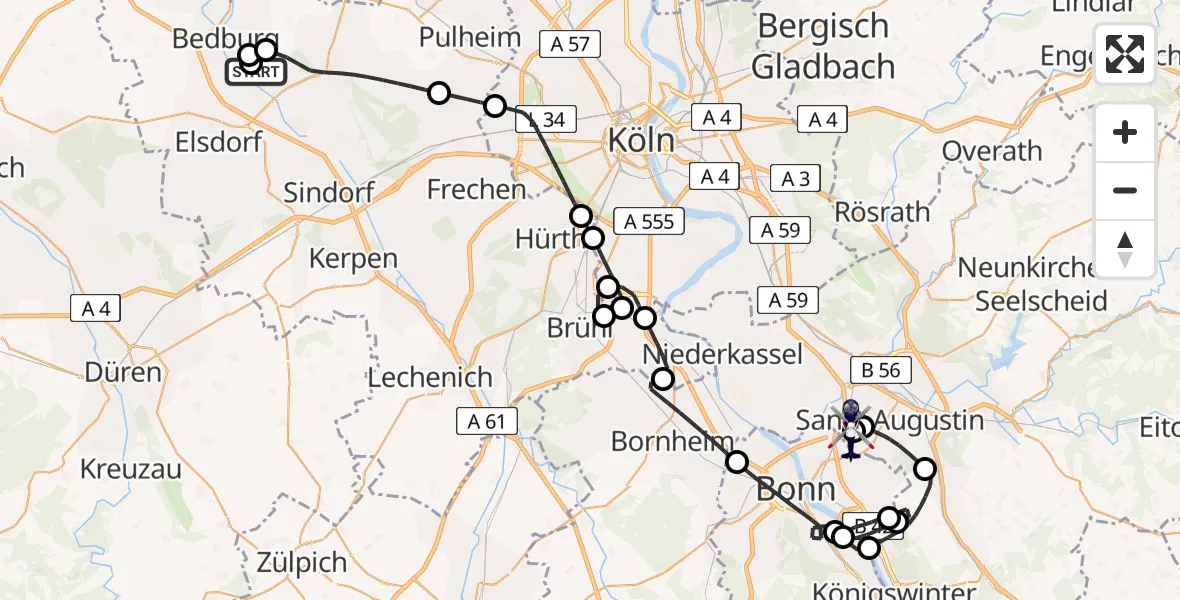 Flugroute Polizeihubschrauber Bergheim Flugplatz - Sankt Augustin, 06 Juli 2026, 09:22