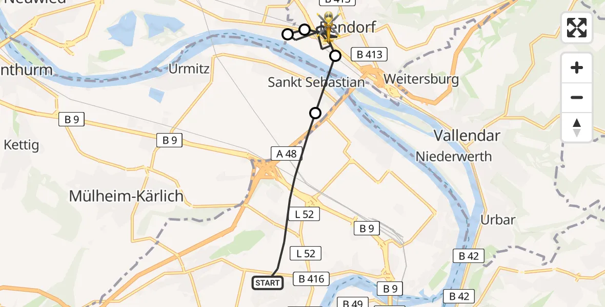 Flugroute Rettungshubschrauber Koblenz - Bendorf, 06 Juli 2026, 09:26