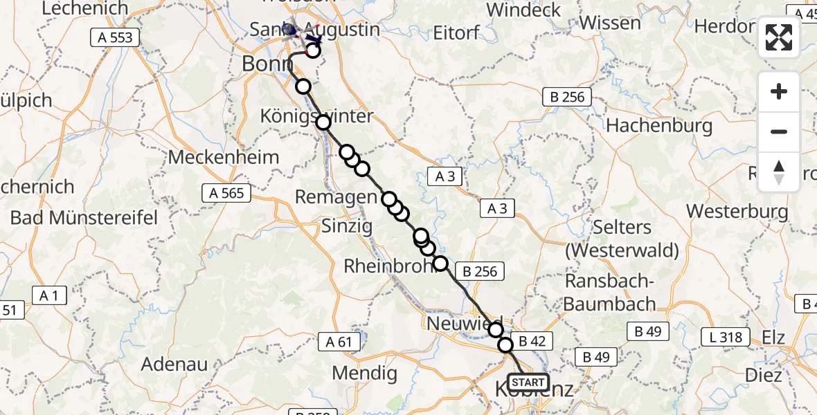 Flugroute Polizeihubschrauber Koblenz - Bonn-Hangelar Flugplatz, 06 Juli 2026, 09:27