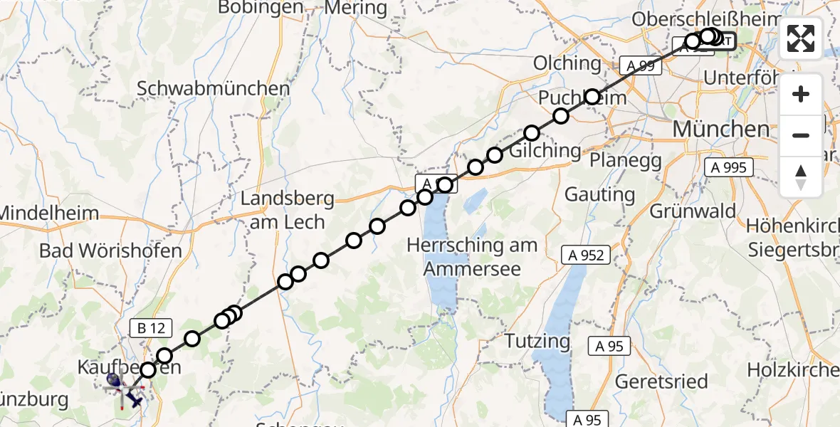 Flugroute Polizeihubschrauber Oberschleißheim - Kaufbeuren, 06 Juli 2026, 09:28