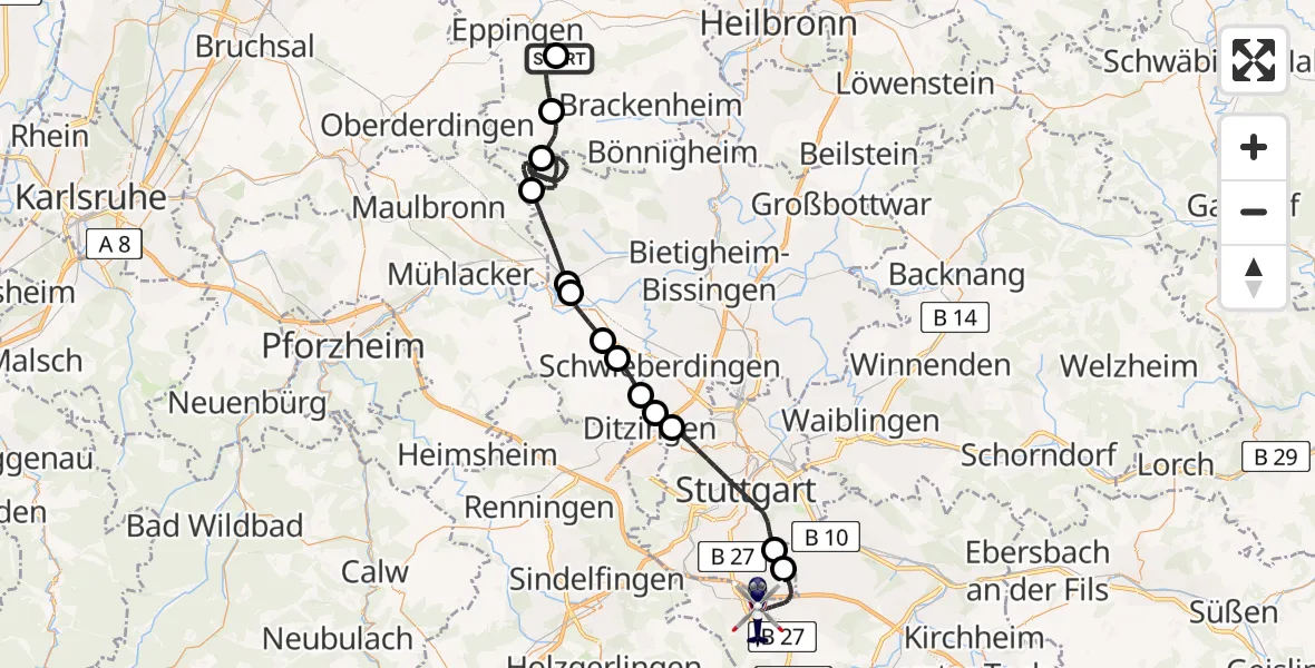 Flugroute Polizeihubschrauber Schwaigern - Flughafen Stuttgart, 06 Juli 2026, 09:30