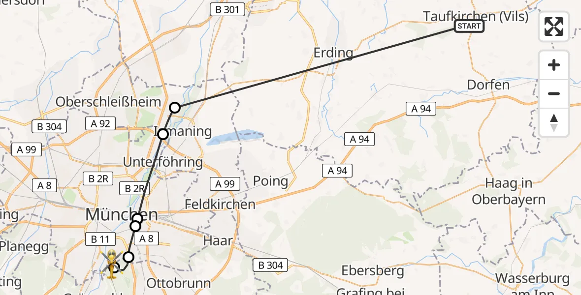 Flugroute Rettungshubschrauber Taufkirchen (Vils) - ADAC Air Rescue Center Hubschrauberlandeplatz (Christoph 1), 06 Juli 2026, 09:33