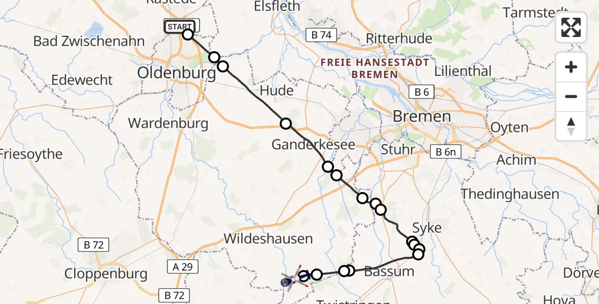 Flugroute Polizeihubschrauber Rastede - Colnrade Ultraleicht Flugfeld, 06 Juli 2026, 09:33