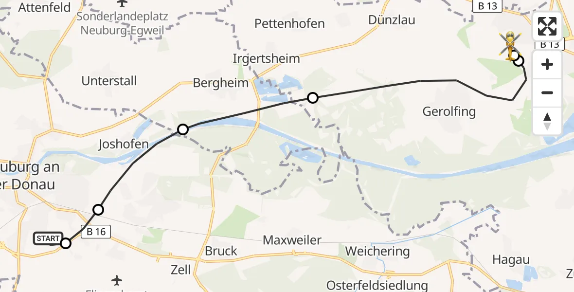 Flugroute Rettungshubschrauber Neuburg a.d.Donau - Ingolstadt Hospital, 06 Juli 2026, 09:35