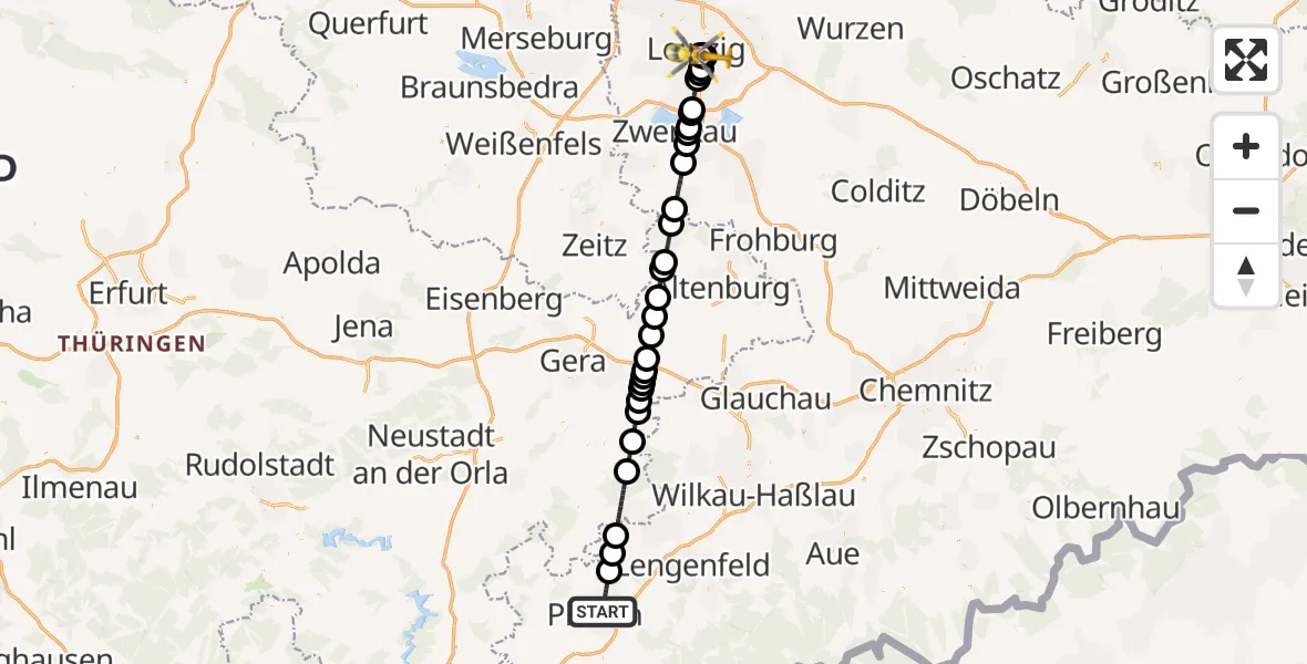 Flugroute Rettungshubschrauber Plauen - Leipzig University Hospital Heliport 1, 06 Juli 2026, 09:36