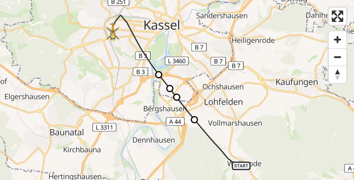 Flugroute Rettungshubschrauber Söhrewald - Kassel, 06 Juli 2026, 09:36