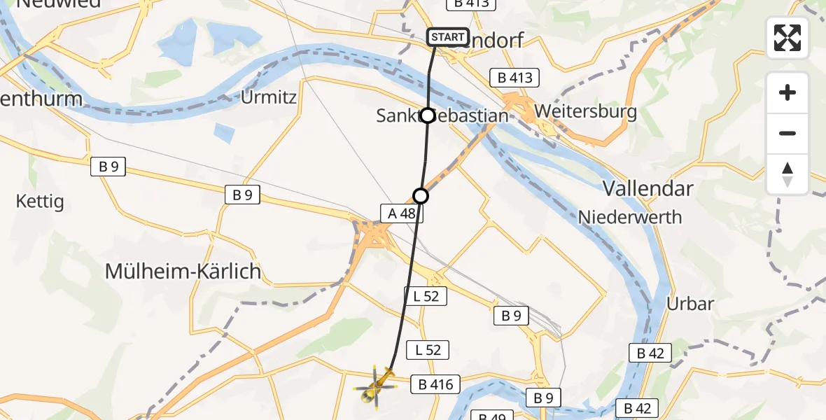 Flugroute Rettungshubschrauber Bendorf - Koblenz, 06 Juli 2026, 09:56
