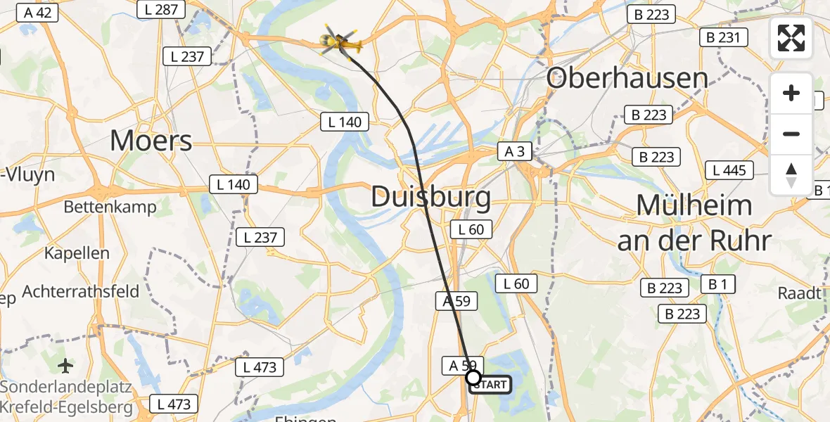 Flugroute Rettungshubschrauber Duisburg Air Rescue Hubschrauberlandeplatz (Christoph 9) - Duisburg, 06 Juli 2026, 10:01