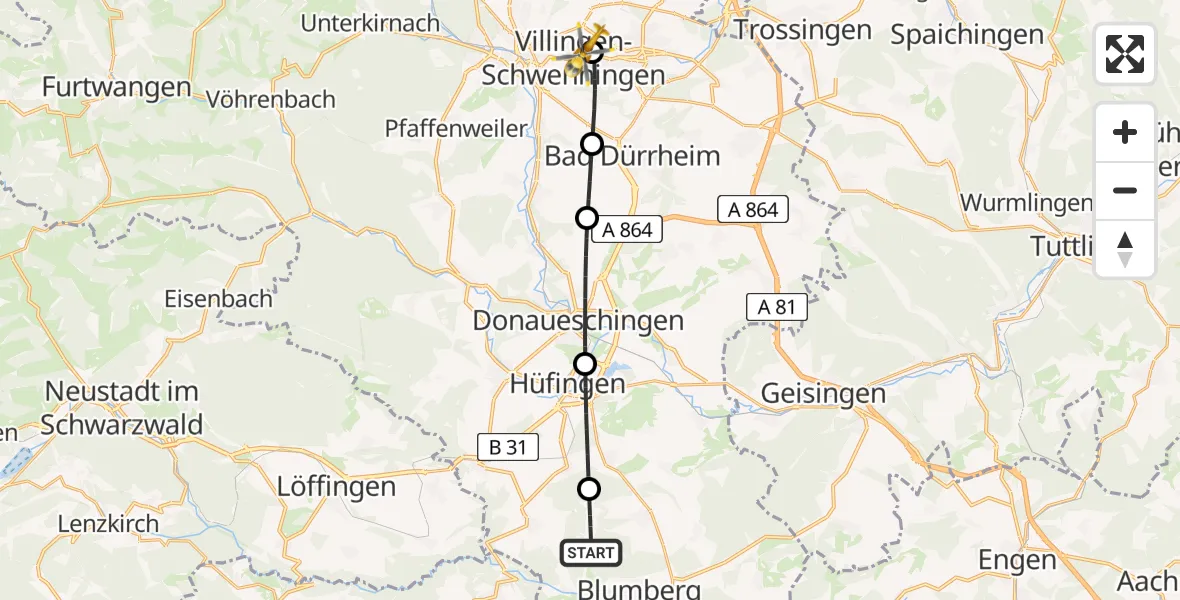 Flugroute Ambulanzhubschrauber Blumberg - DRF Air Rescue Station Villingen-Schwenningen Hubschrauberlandeplatz (Christoph 11), 06 Juli 2026, 10:07