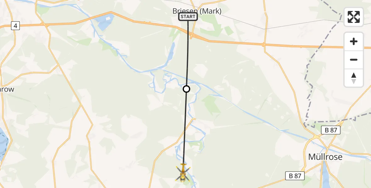 Flugroute Rettungshubschrauber Briesen (Mark) - Beeskow, 06 Juli 2026, 10:10