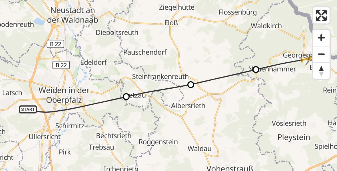 Flugroute Ambulanzhubschrauber Weiden i.d.OPf. - Georgenberg, 06 Juli 2026, 10:13