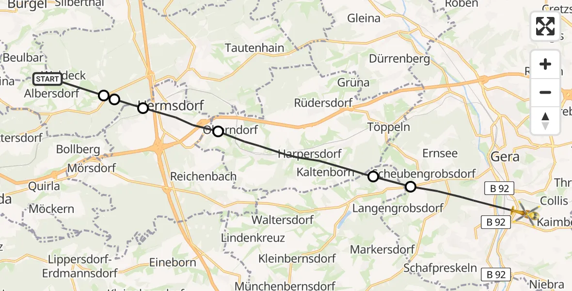 Flugroute Rettungshubschrauber Waldeck - Gera, 06 Juli 2026, 10:15