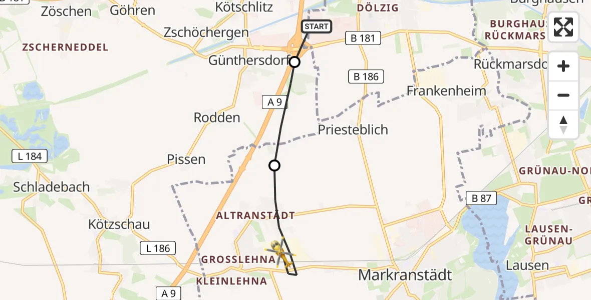 Flugroute Rettungshubschrauber ADAC Air Rescue Station Leipzig/Schkeuditz-Dölzig Hubschrauberlandeplatz (Christoph 61) - Markranstädt, 06 Juli 2026, 10:18