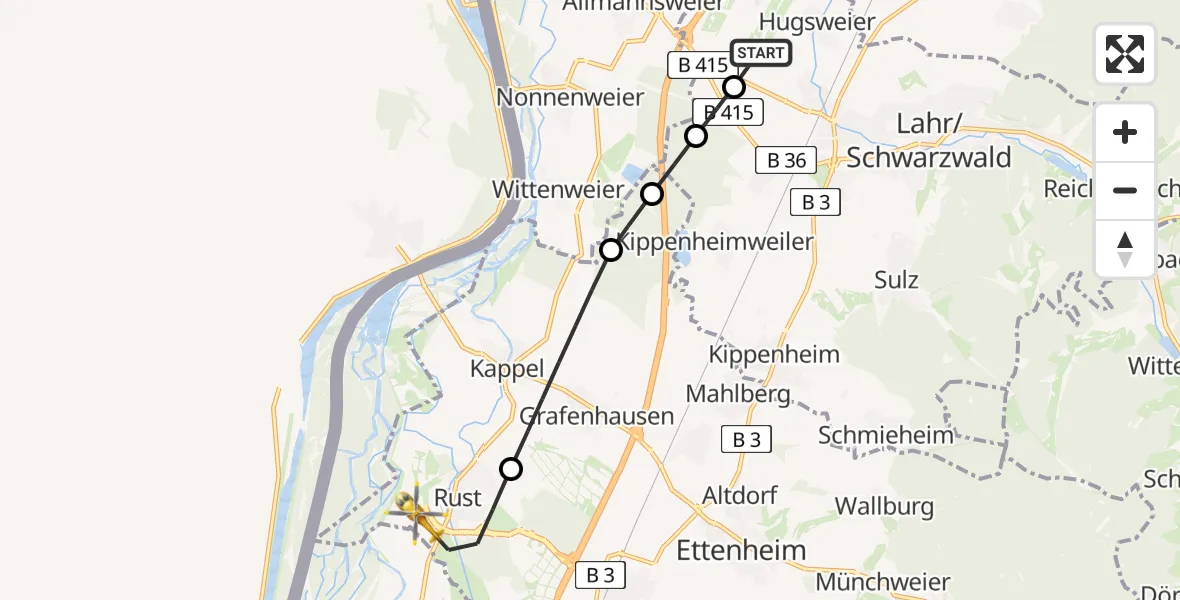 Flugroute Rettungshubschrauber Lahr Flughafen - Rust, 06 Juli 2026, 10:19