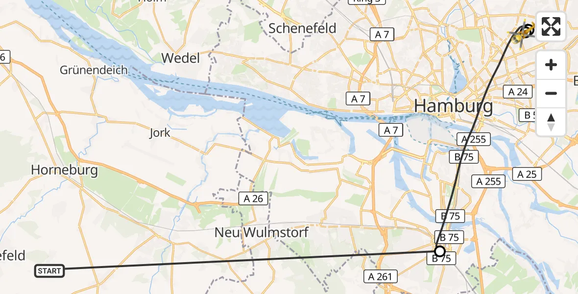 Flugroute Rettungshubschrauber Harsefeld - Hamburg Military Hospital, 06 Juli 2026, 10:20