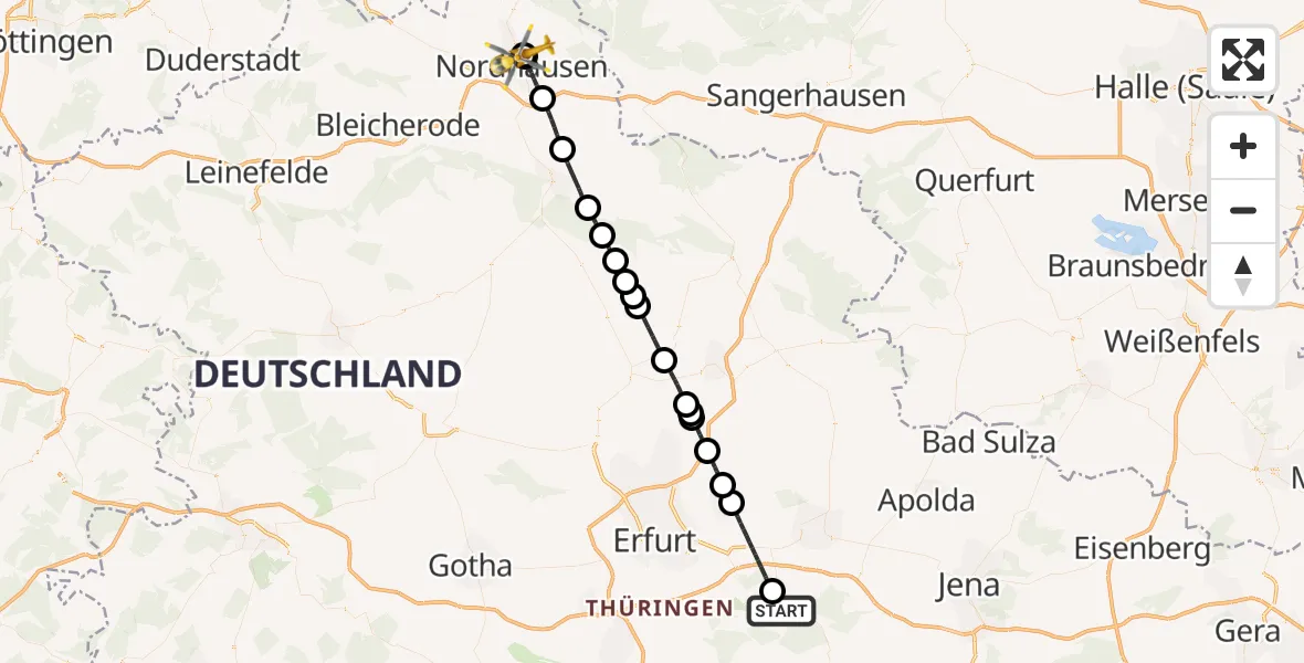 Flugroute Ambulanzhubschrauber Bad Berka - Südharz Hospital Nordhausen, 06 Juli 2026, 10:23