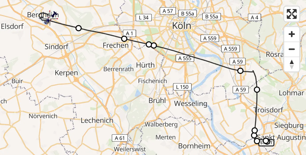 Flugroute Polizeihubschrauber Sankt Augustin - Bergheim, 06 Juli 2026, 10:24