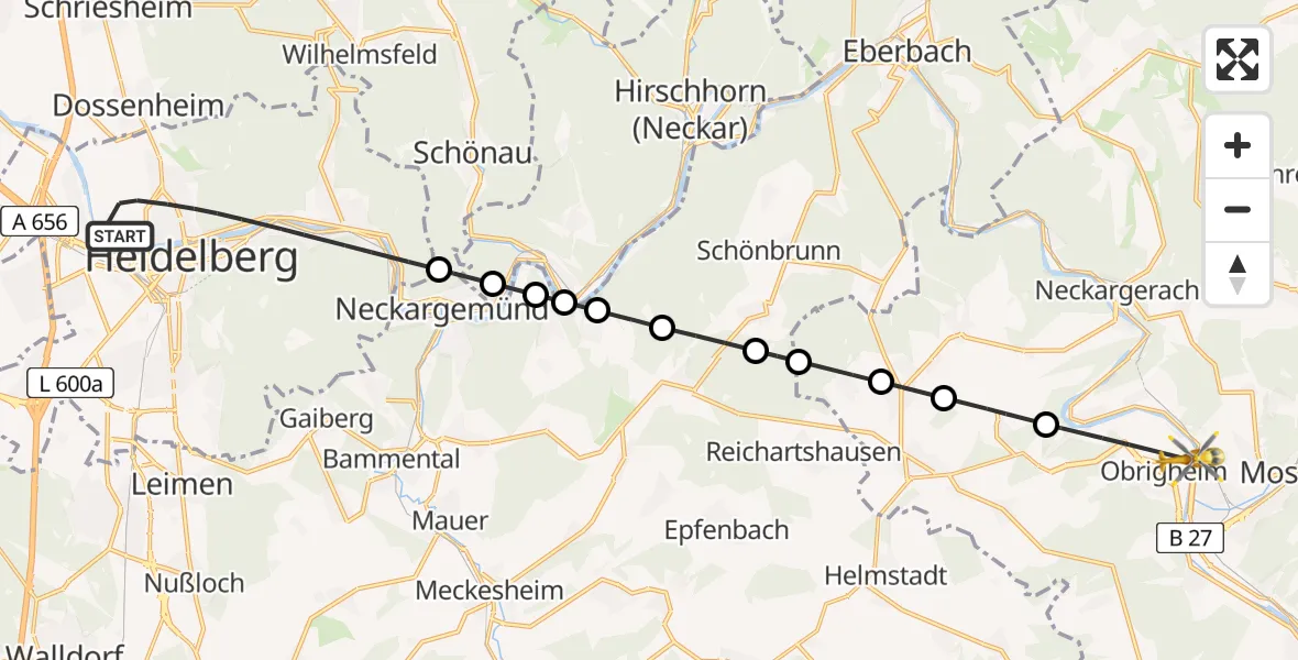 Flugroute Rettungshubschrauber Heidelberg - Obrigheim, 06 Juli 2026, 10:27