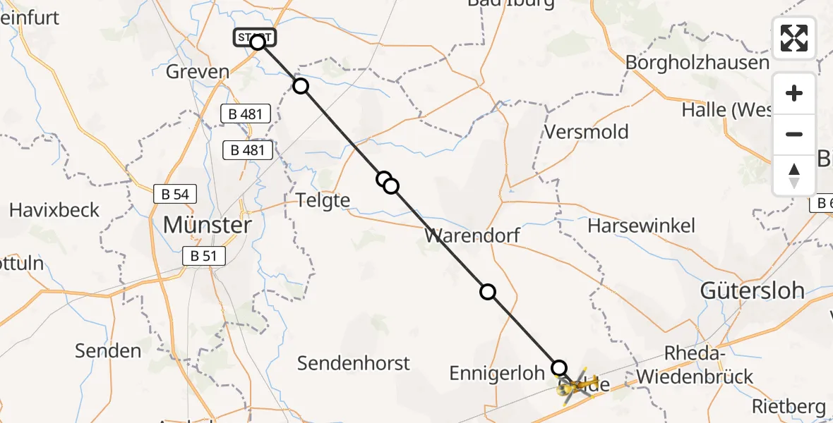 Flugroute Ambulanzhubschrauber Christoph  Westfalen-ADAC - Oelde, 06 Juli 2026, 10:38