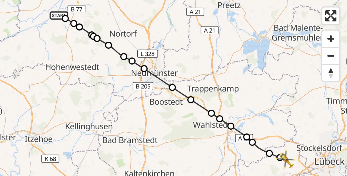 Flugroute Ambulanzhubschrauber Hörsten - Zarpen, 06 Juli 2026, 10:38
