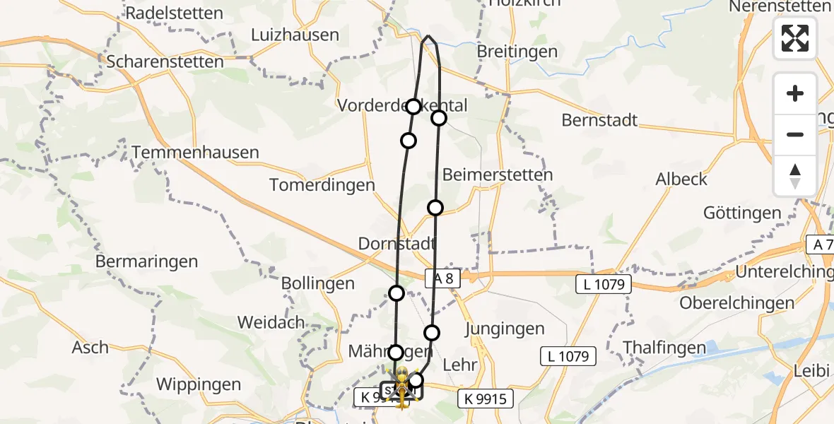 Flugroute Rettungshubschrauber Ulm Military Hospital Emergency - ADAC Air Rescue Station Ulm (Christoph 22), 06 Juli 2026, 10:40