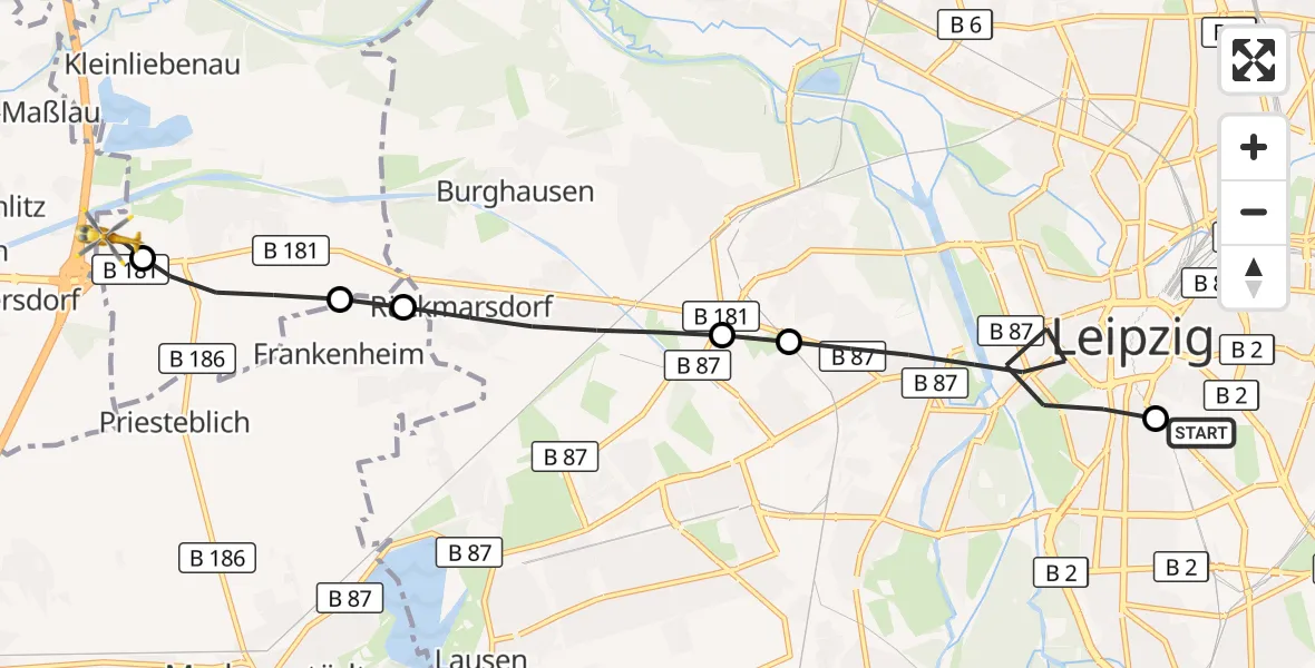 Flugroute Rettungshubschrauber Leipzig University Hospital Heliport 1 - ADAC Air Rescue Station Leipzig/Schkeuditz-Dölzig Hubschrauberlandeplatz (Christoph 61), 06 Juli 2026, 10:44