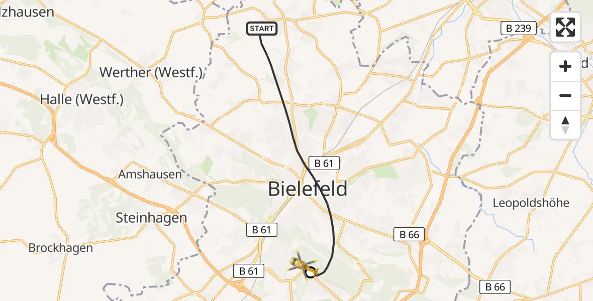 Flugroute Rettungshubschrauber Bielefeld - Luftrettungszentrum Bielefeld, 06 Juli 2026, 10:45