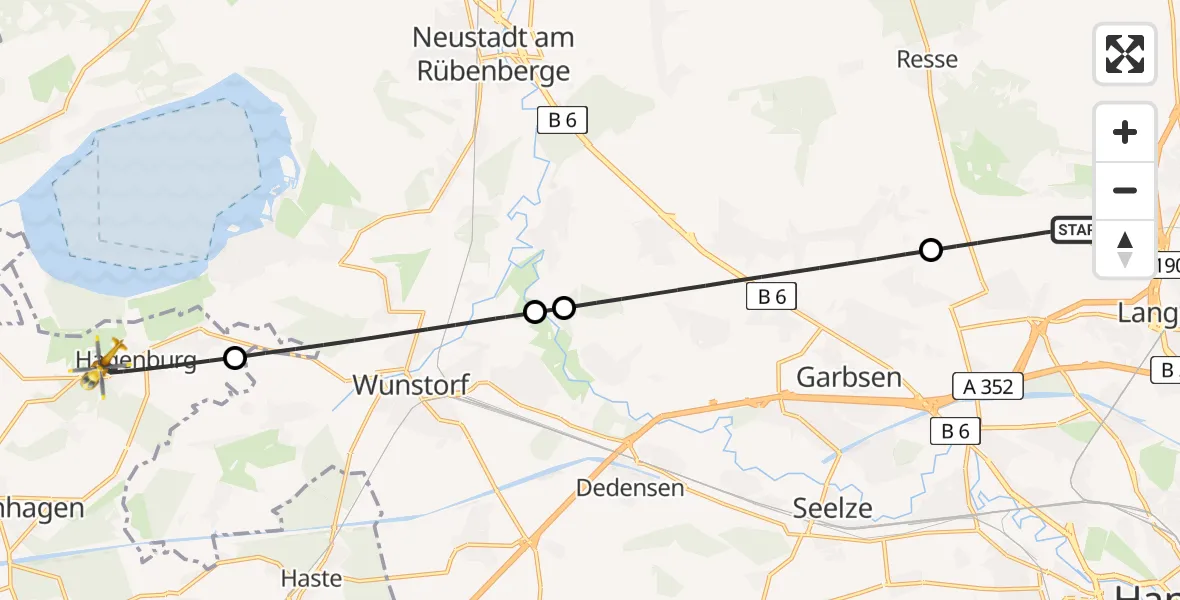 Flugroute Rettungshubschrauber Flughafen Hannover - Hagenburg, 06 Juli 2026, 10:48
