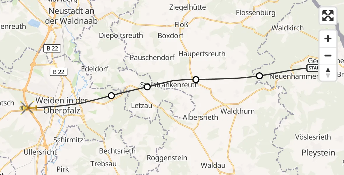 Flugroute Ambulanzhubschrauber Georgenberg - Weiden i.d.OPf., 06 Juli 2026, 10:48