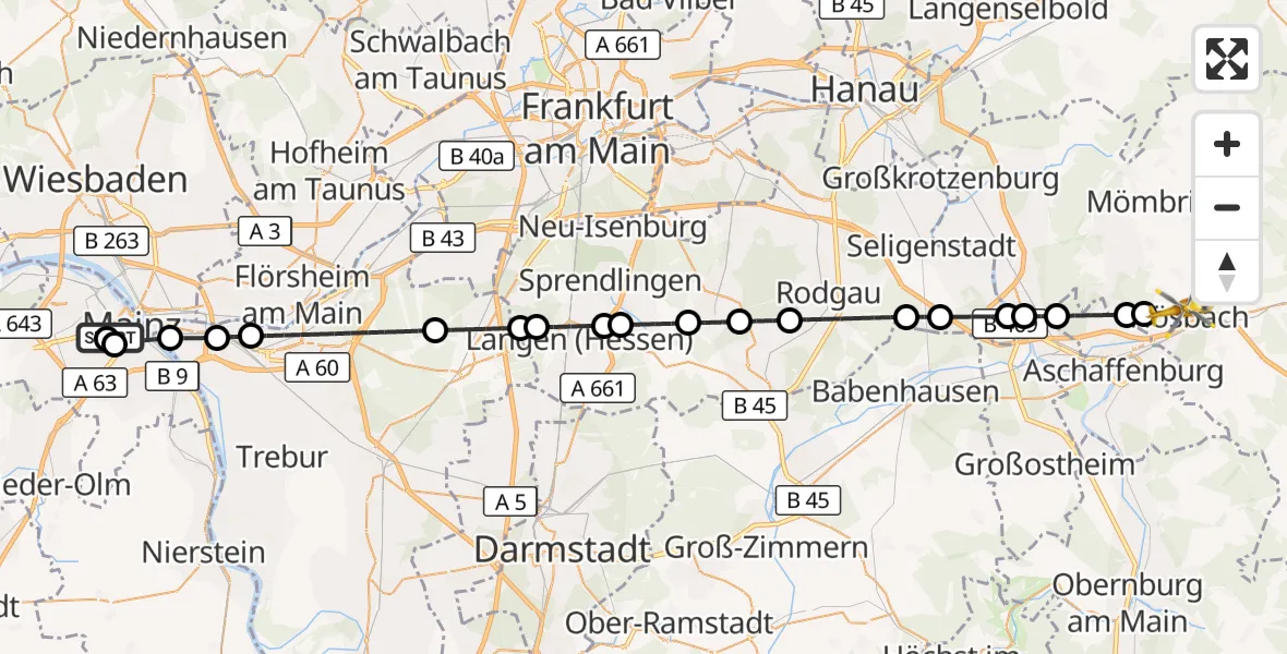 Flugroute Rettungshubschrauber Mainz University Hospital - Hösbach, 06 Juli 2026, 10:49
