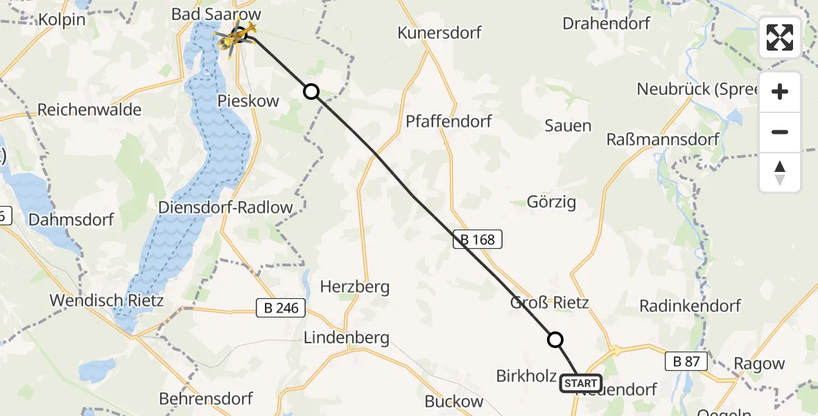 Flugroute Rettungshubschrauber Beeskow - Bad Saarow Hospital Hubschrauberlandeplatz, 06 Juli 2026, 10:49
