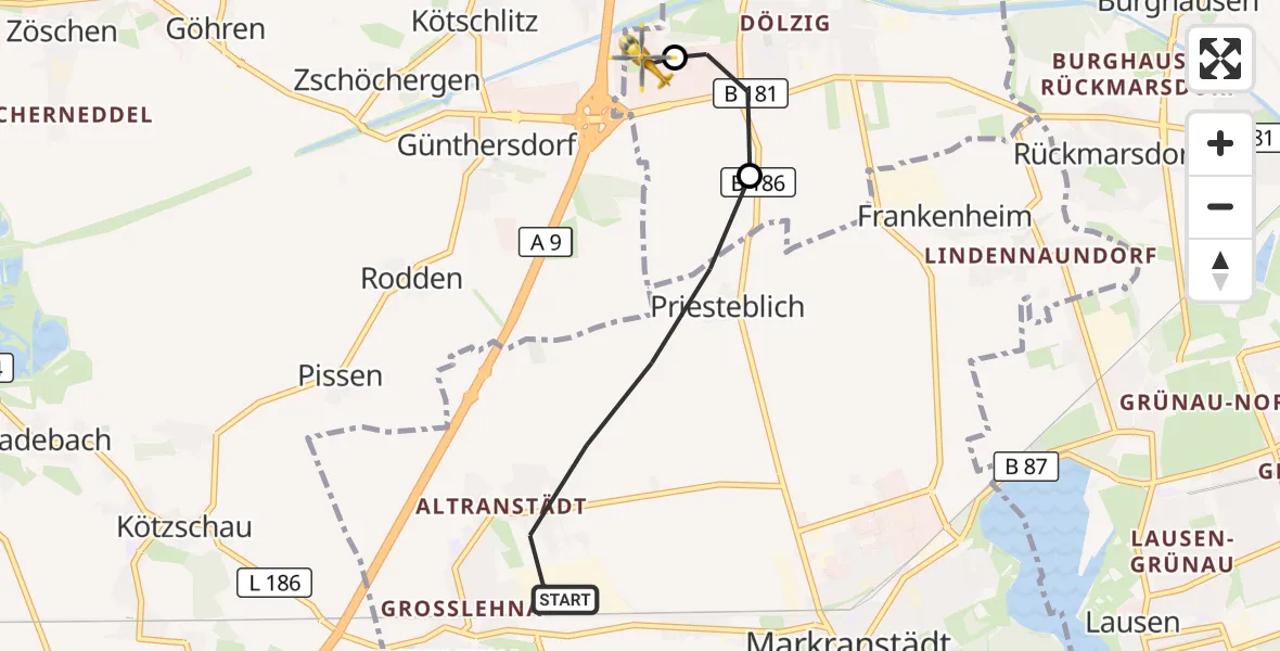 Flugroute Rettungshubschrauber Markranstädt - ADAC Air Rescue Station Leipzig/Schkeuditz-Dölzig Hubschrauberlandeplatz (Christoph 61), 06 Juli 2026, 10:53