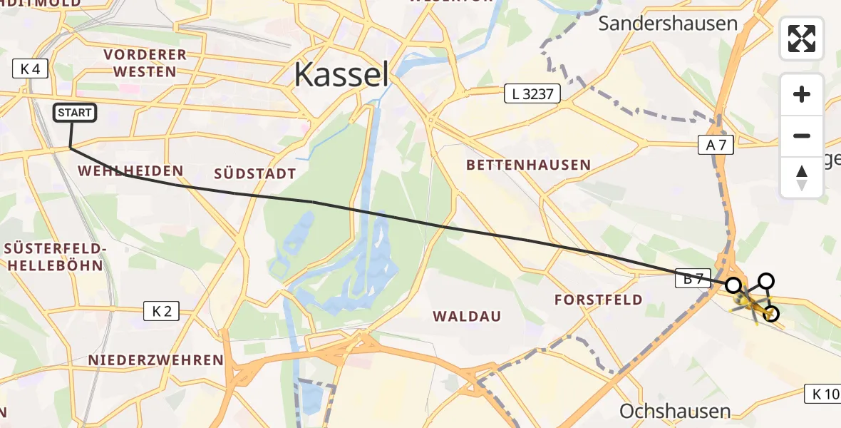 Flugroute Rettungshubschrauber Kassel - Kaufungen, 06 Juli 2026, 10:53