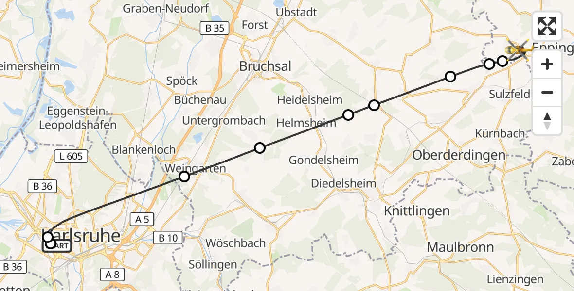 Flugroute Ambulanzhubschrauber Sankt Vincentius Hospital - Eppingen, 06 Juli 2026, 10:58