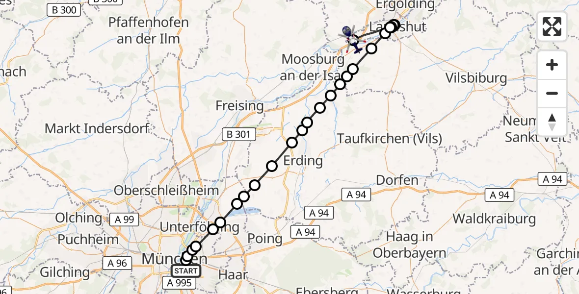 Flugroute Polizeihubschrauber München - Landshut Flugplatz, 06 Juli 2026, 10:59