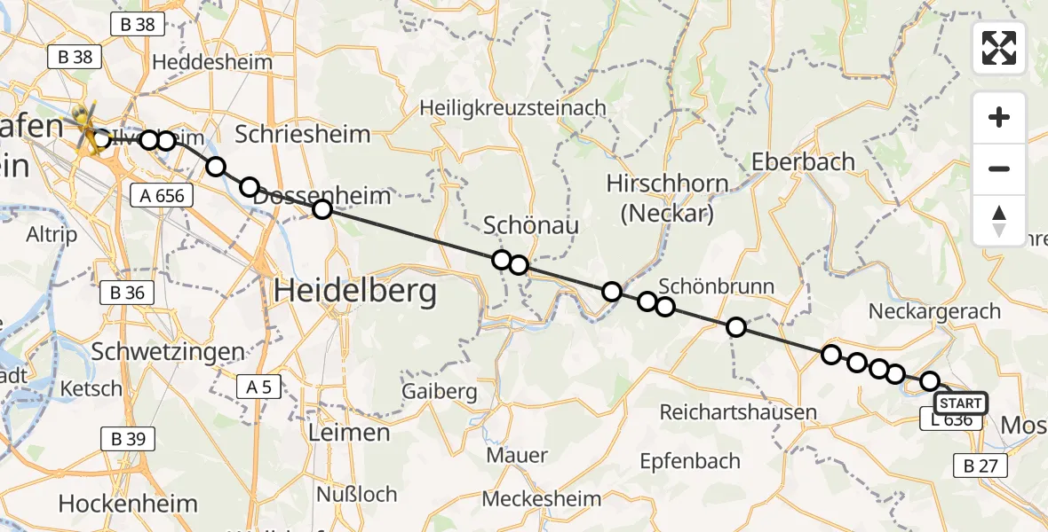 Flugroute Rettungshubschrauber Obrigheim - Mannheim-City Flughafen, 06 Juli 2026, 11:05