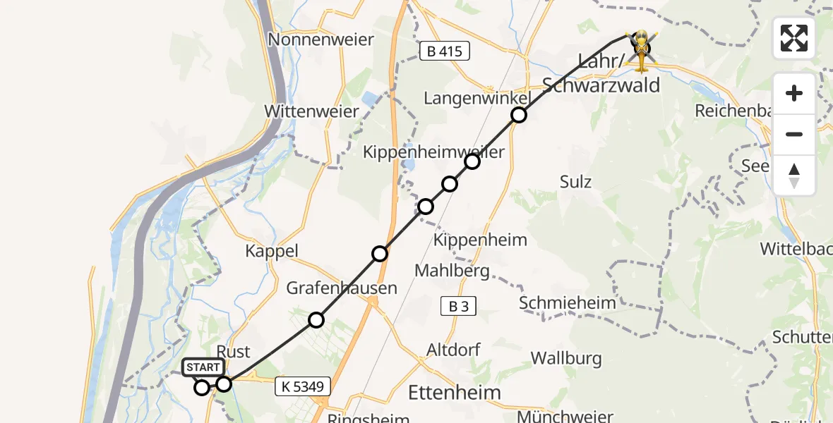 Flugroute Rettungshubschrauber Rust - Ortenau Hospital Lahr-Ettenheim, 06 Juli 2026, 11:09
