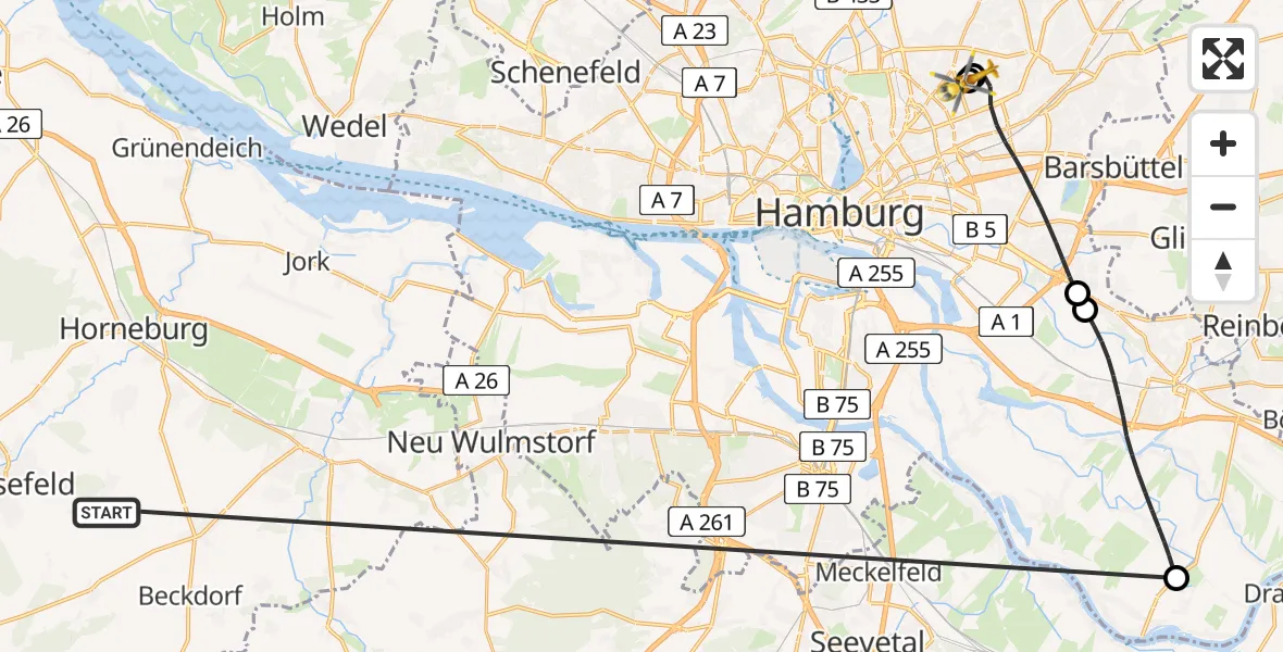 Flugroute Rettungshubschrauber Harsefeld - Hamburg Military Hospital, 06 Juli 2026, 11:12