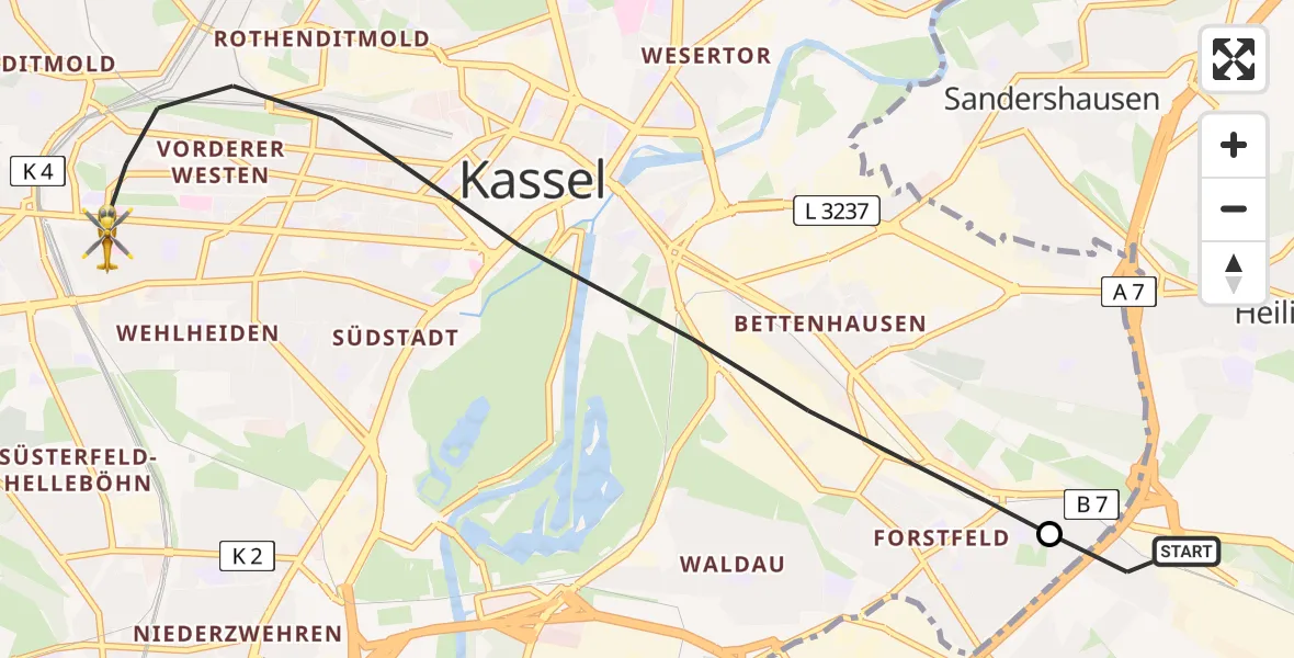 Flugroute Rettungshubschrauber Kaufungen - Kassel, 06 Juli 2026, 11:13