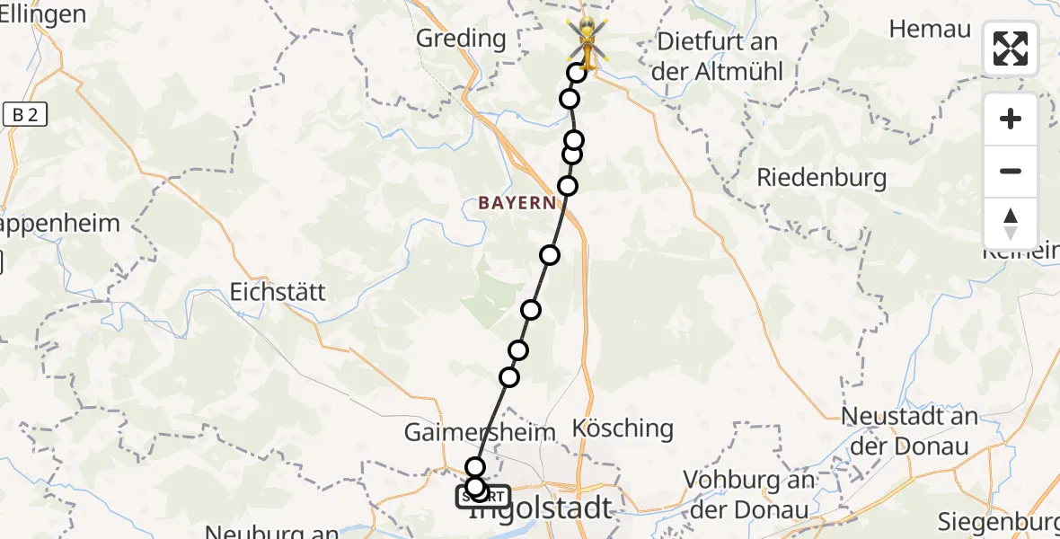 Flugroute Rettungshubschrauber Ingolstadt Hospital - Beilngries, 06 Juli 2026, 11:15