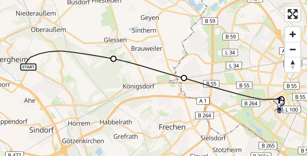 Flugroute Polizeihubschrauber Bergheim - Köln University Hospital, 06 Juli 2026, 11:15