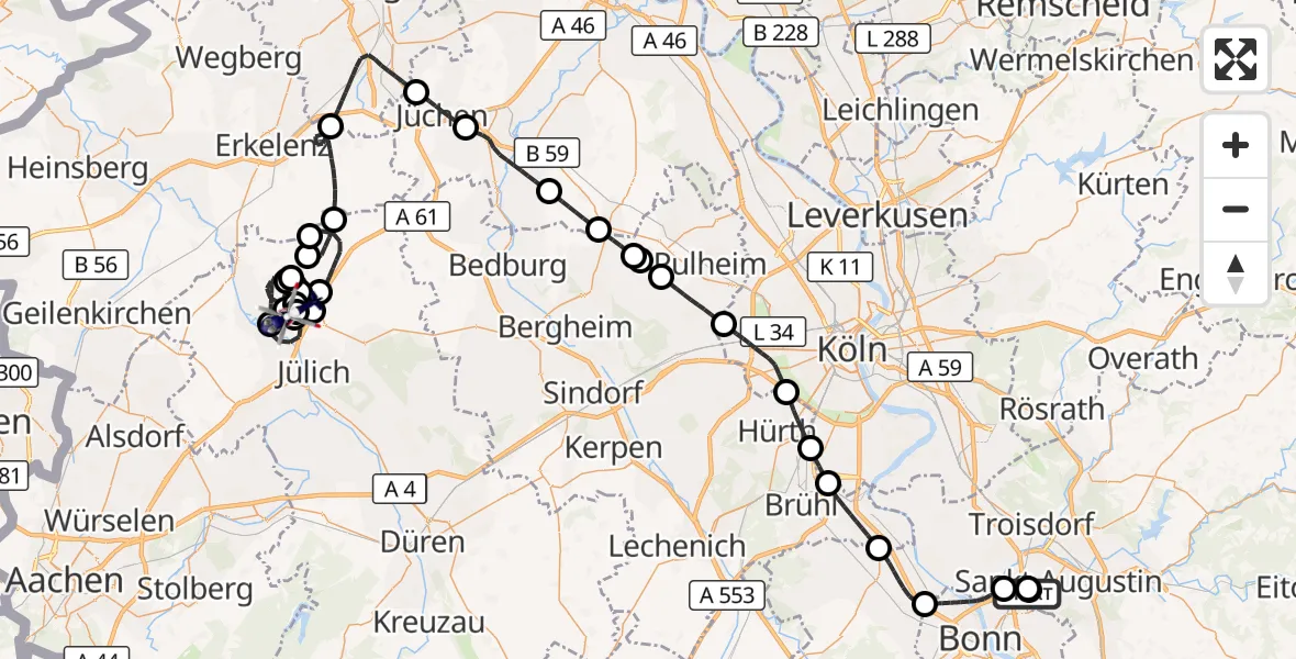 Flugroute Polizeihubschrauber Sankt Augustin - Linnich-Boslar Ultraleichtflugplatz, 06 Juli 2026, 11:16