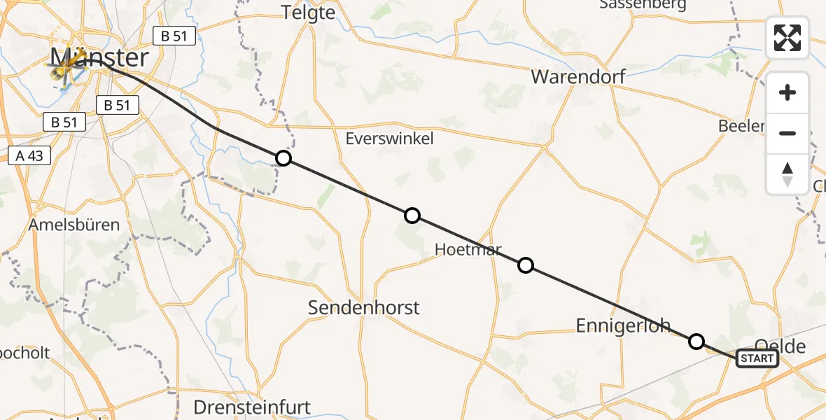 Flugroute Ambulanzhubschrauber Oelde - Münster, 06 Juli 2026, 11:22
