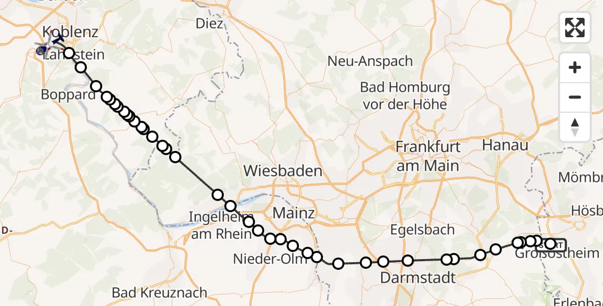 Flugroute Polizeihubschrauber Flugplatz Aschaffenburg - Koblenz-Winningen Flugplatz, 06 Juli 2026, 11:27