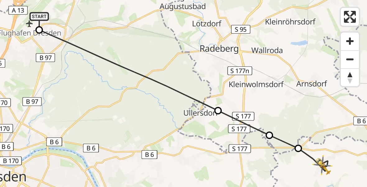 Flugroute Rettungshubschrauber Dresden Flughafen - Dürrröhrsdorf-Dittersbach, 06 Juli 2026, 11:35